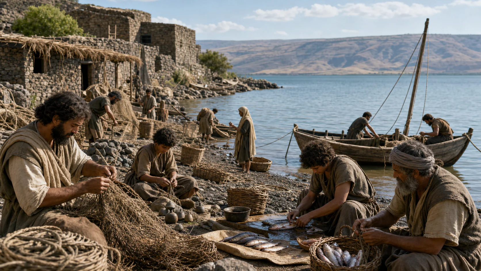 Interpretive reconstruction of fishing work near Capernaum around 30 CE