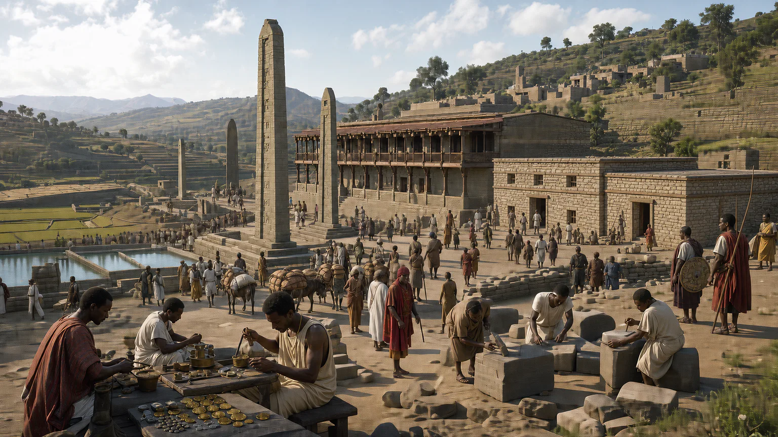 AI-generated evidence-guided visualization related to Aksum, Ge'ez and an African Christian court, c. 100-700 CE.
