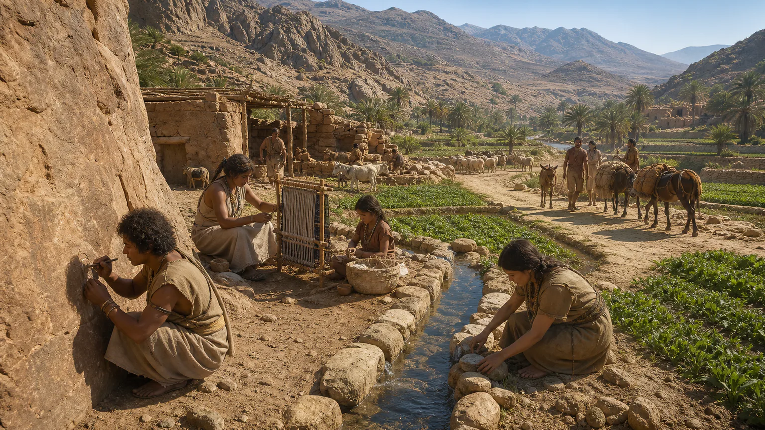 AI-generated evidence-guided visualization related to Amazigh communities and Tifinagh traditions, from the first millennium BCE to the present, with major change.