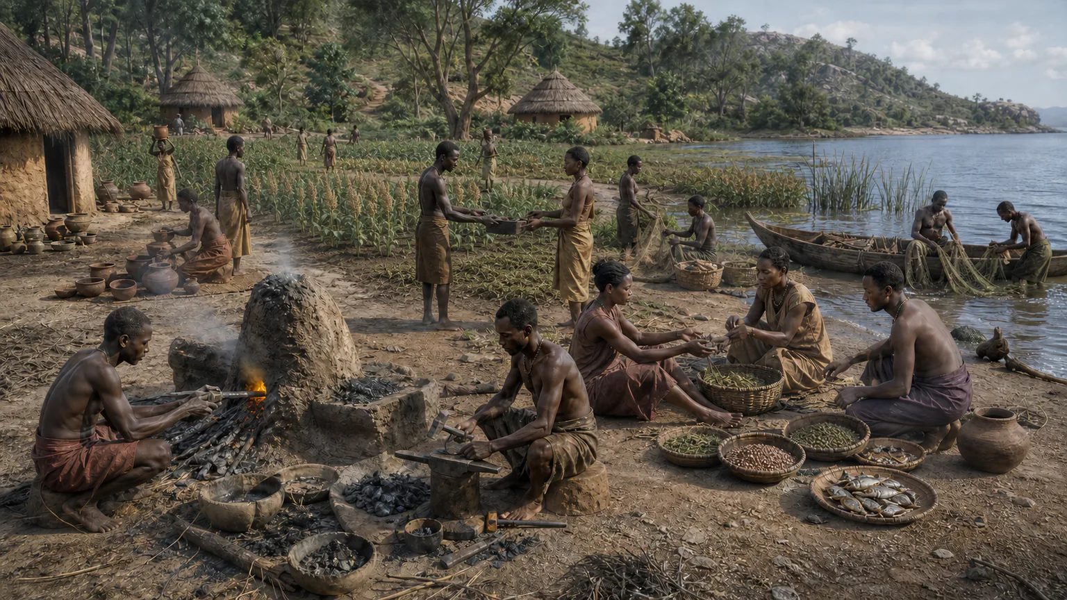 AI-generated evidence-guided visualization related to Bantu-speaking iron and farming networks, c. 500 BCE-1000 CE, regionally variable.