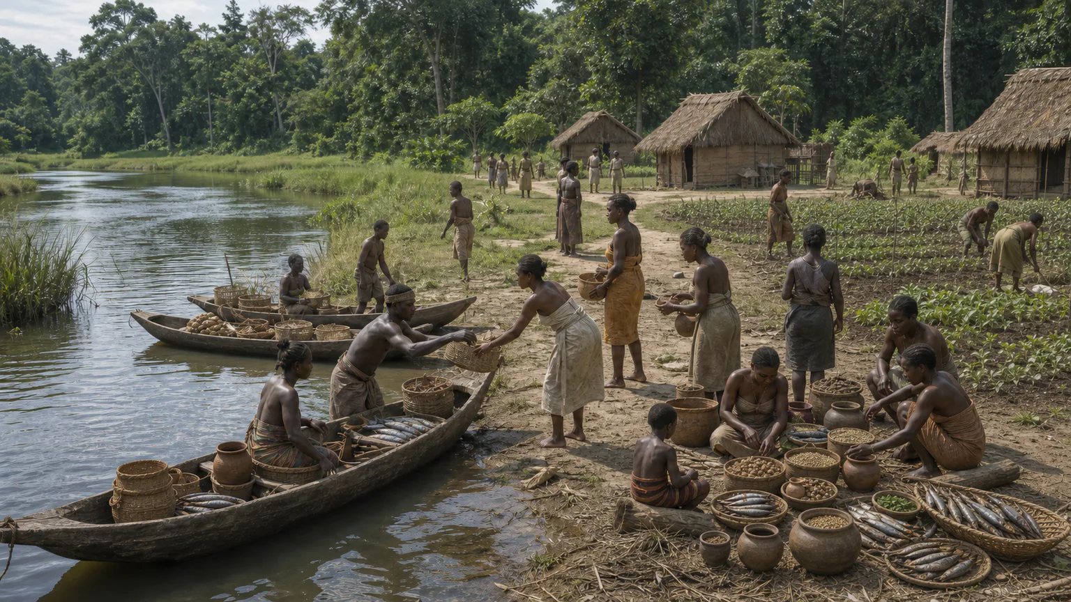 AI-generated evidence-guided visualization related to Bantu-language dispersals, c. 2000 BCE-1000 CE, in many phases.