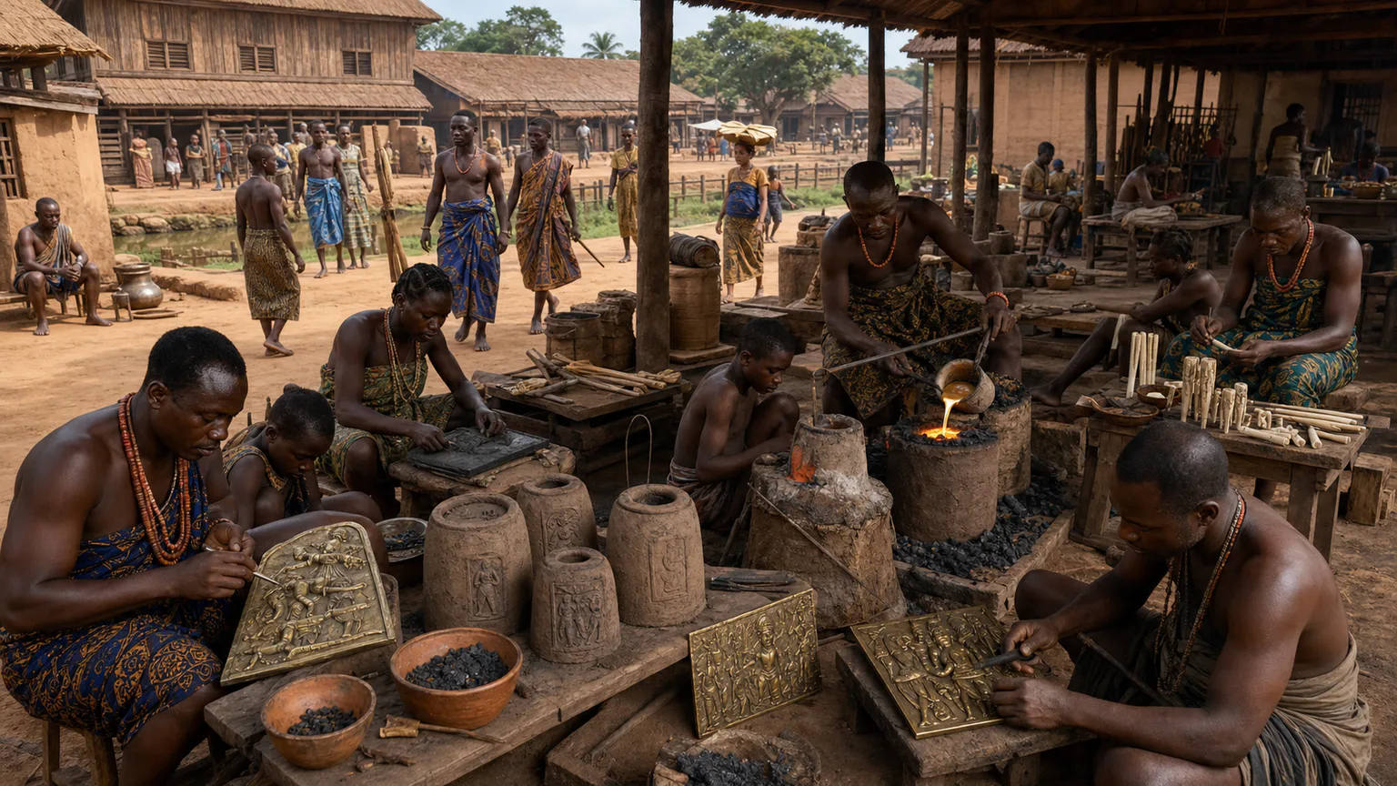 AI-generated evidence-guided visualization related to Kingdom of Benin and court brass guilds, c. 1200-1897 CE.