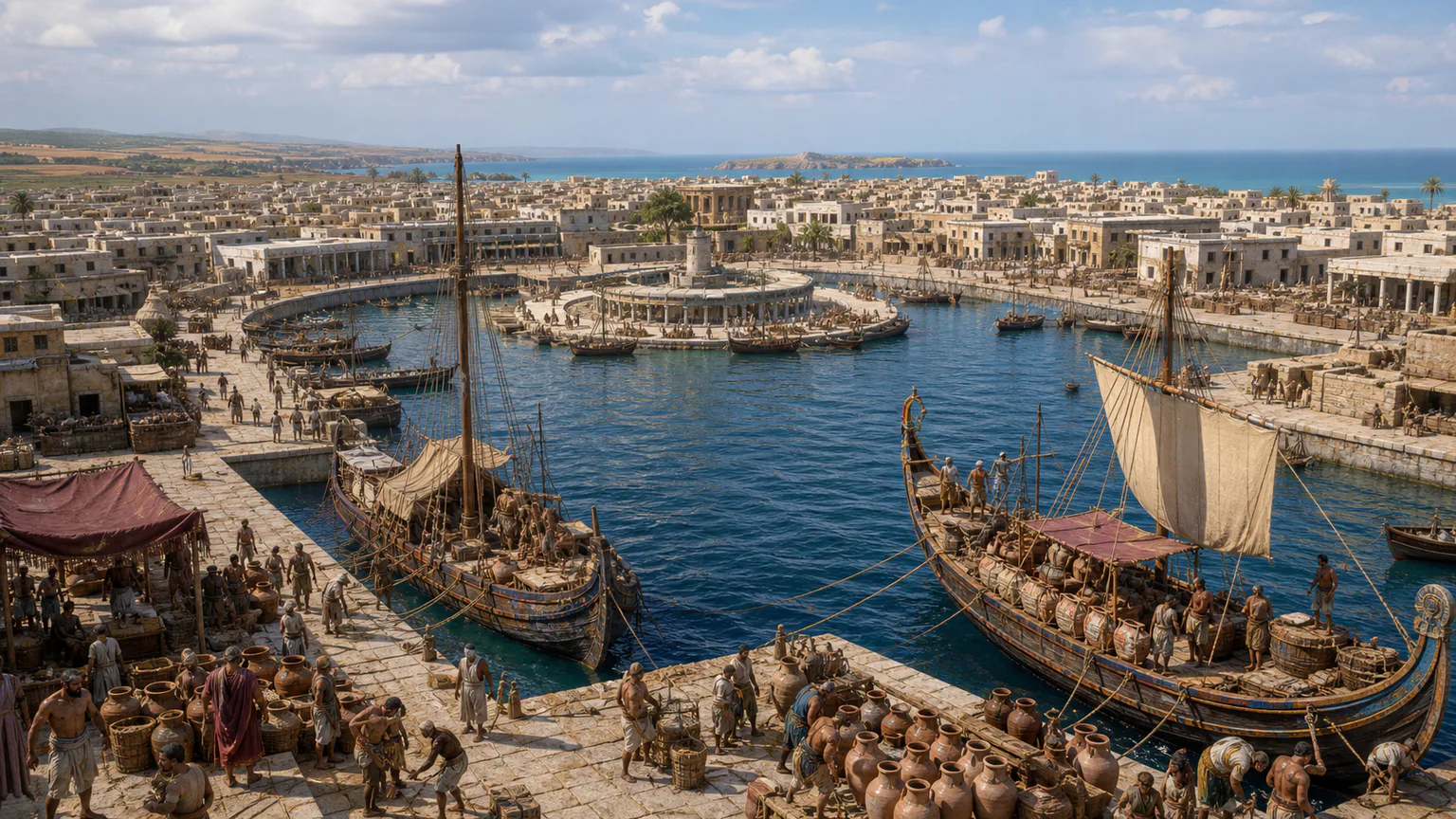 AI-generated evidence-guided visualization related to Punic Carthage, traditional foundation date 814 BCE; Punic city destroyed in 146 BCE.