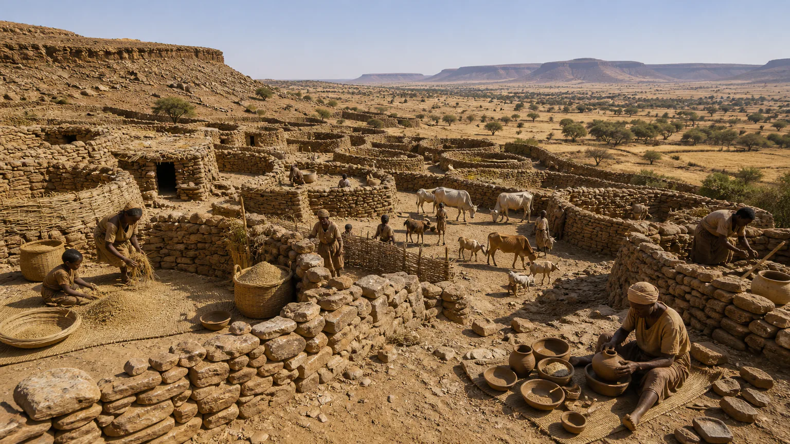 AI-generated evidence-guided visualization related to Dhar Tichitt agropastoral settlements, c. 2000-500 BCE.