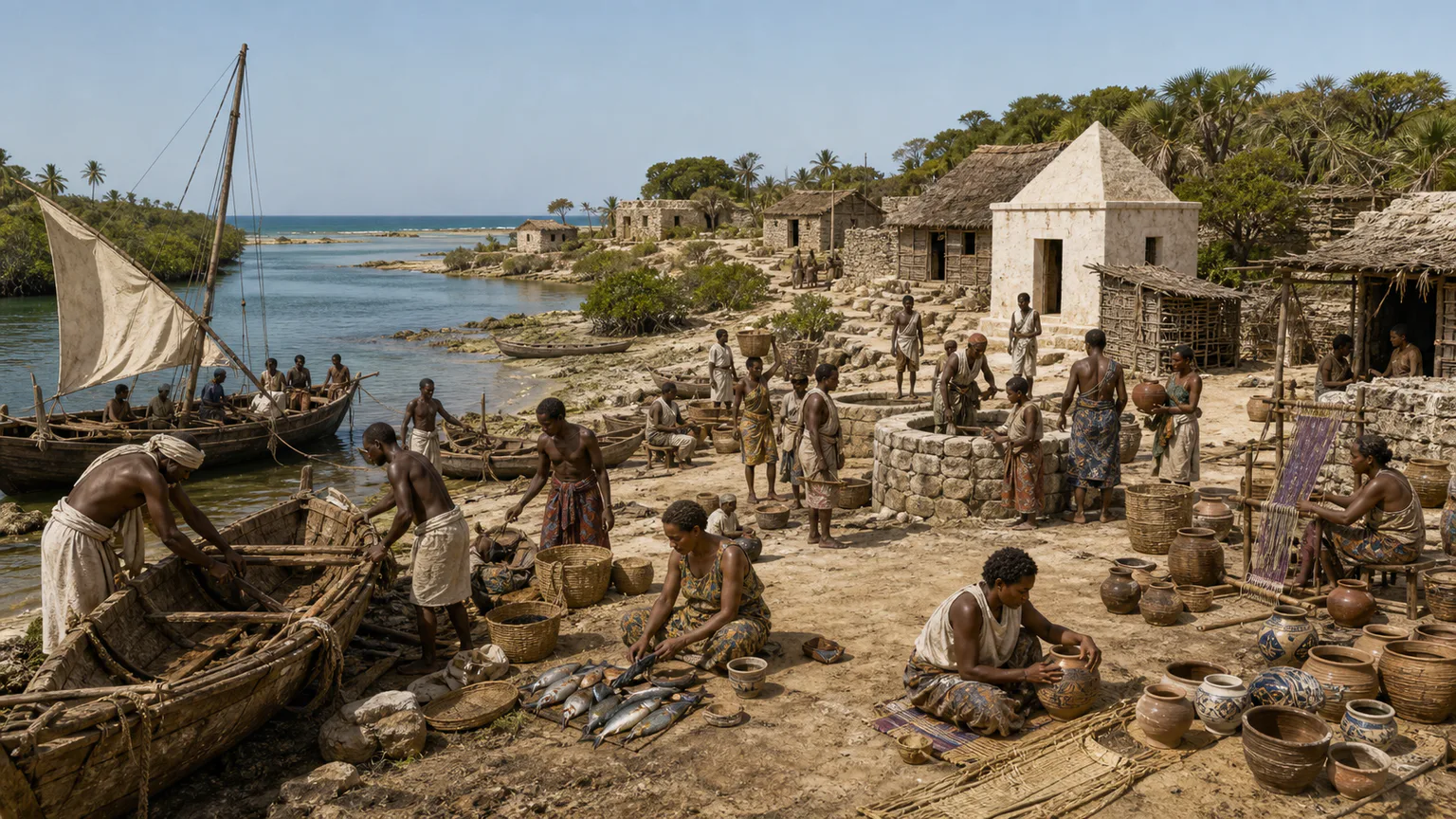 AI-generated evidence-guided visualization related to Formation of Swahili coastal towns, c. 700-1200 CE.