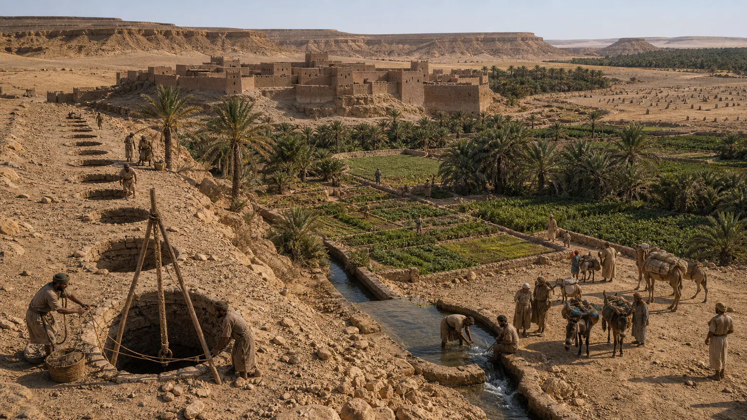 AI-generated evidence-guided visualization related to Garamantian oasis networks, c. 500 BCE-700 CE.