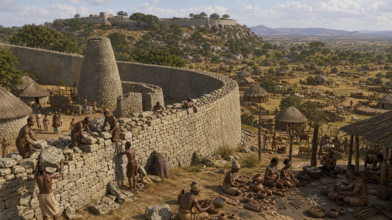 AI-generated evidence-guided visualization related to Great Zimbabwe stone-built center, c. 1100-1450 CE.