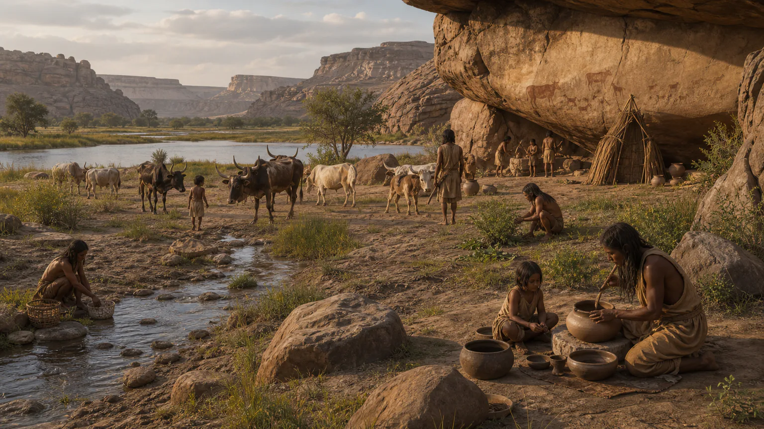 AI-generated evidence-guided visualization related to Green Sahara pastoral communities, c. 6000-2500 BCE.
