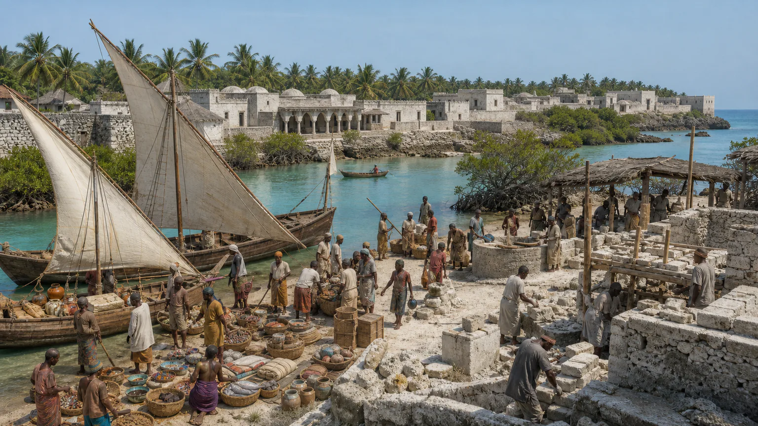 AI-generated evidence-guided visualization related to Kilwa Kisiwani and Indian Ocean trade, c. 900-1505 CE.