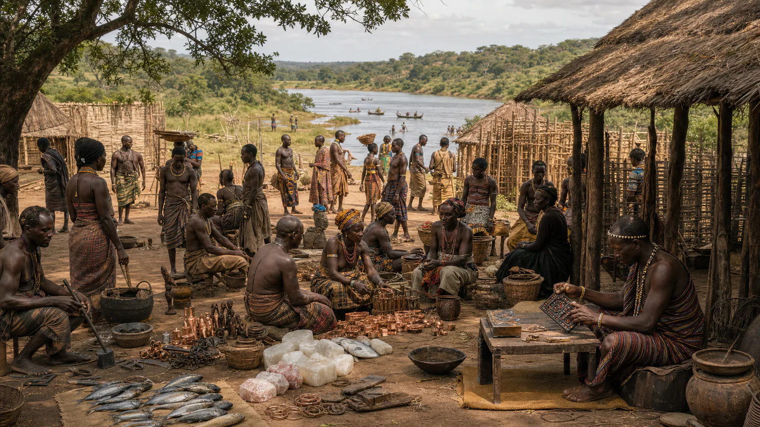 AI-generated evidence-guided visualization related to Luba and Lunda state networks, c. 1600-1880 CE; early dynastic chronologies remain debated.
