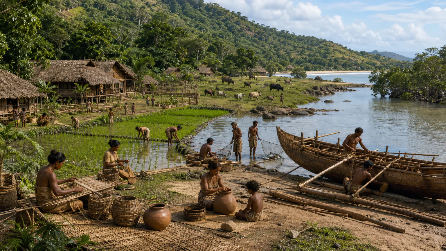 AI-generated evidence-guided visualization related to African and Austronesian settlement of Madagascar, c. 500-1000 CE, debated by evidence type.