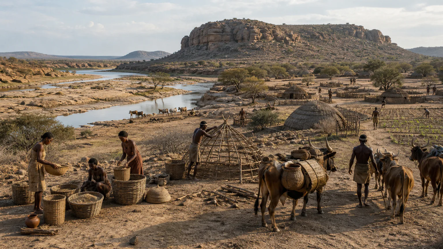 AI-generated evidence-guided visualization related to Rainfall decline and Mapungubwe dispersal, late 13th-early 14th century CE.
