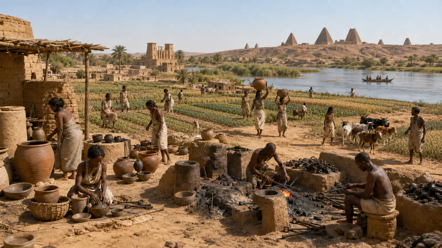 AI-generated evidence-guided visualization related to Meroe and the later Kingdom of Kush, c. 300 BCE-350 CE.