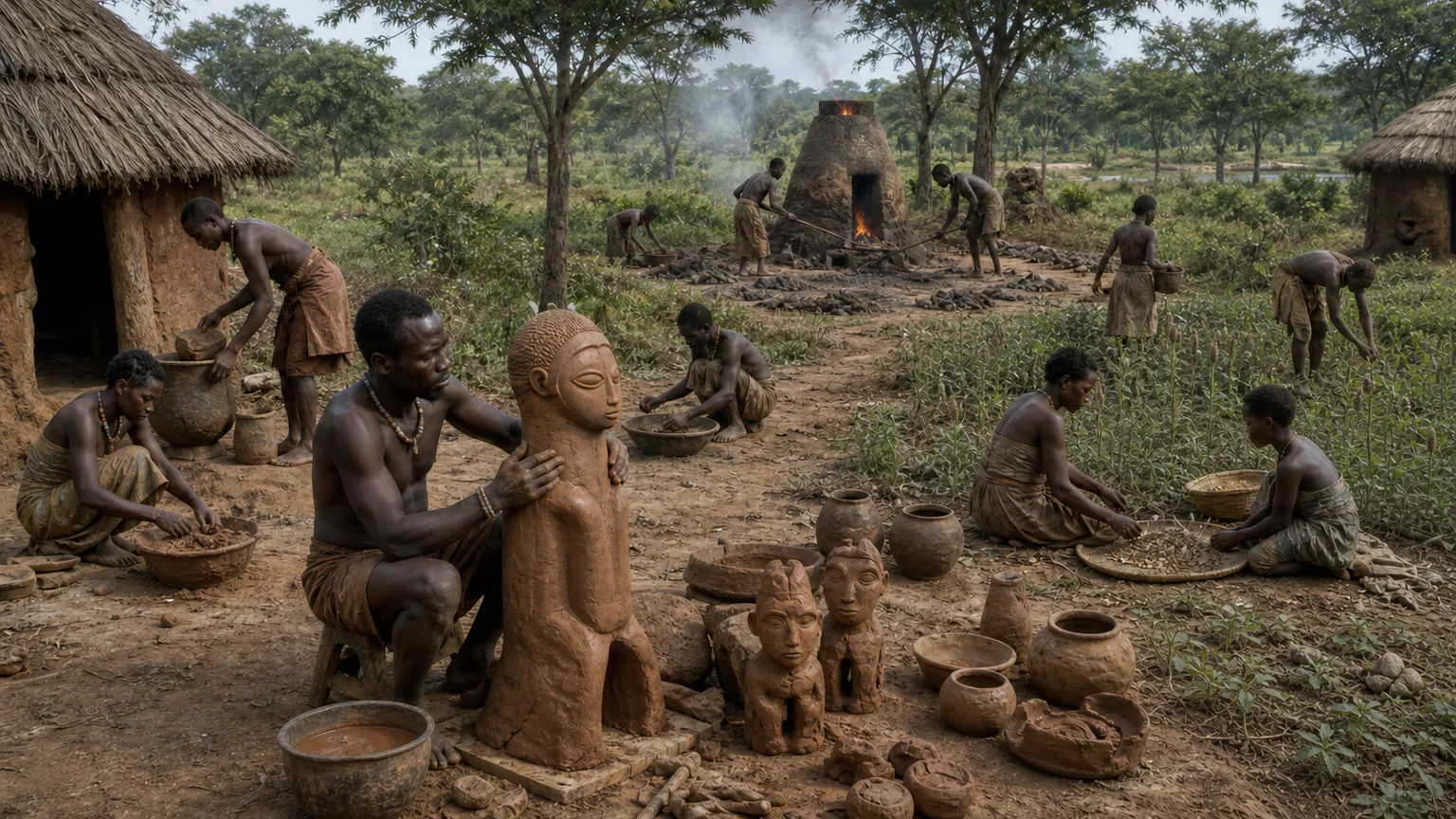 AI-generated evidence-guided visualization related to Nok archaeological traditions, c. 1500 BCE-500 CE.