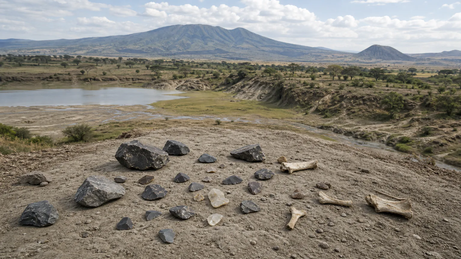 AI-generated evidence-guided visualization related to Olduvai Gorge stone technologies, c. 1.9-1.2 million years ago.