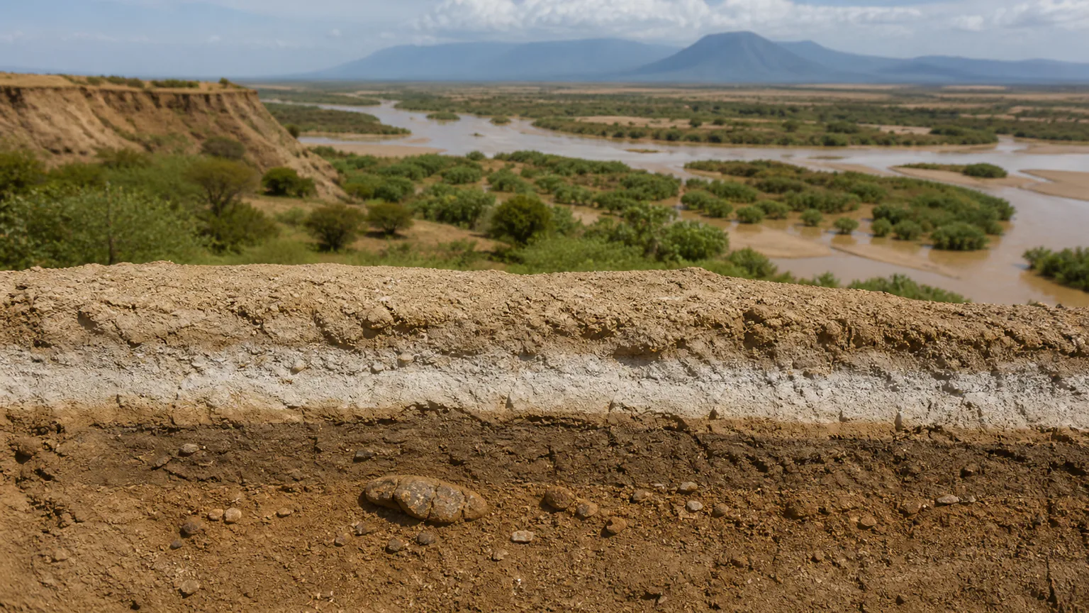 AI-generated evidence-guided visualization related to Omo Valley early Homo sapiens, minimum-age estimate c. 233,000 +/- 22,000 years; the fossil is older than the overlying ash.
