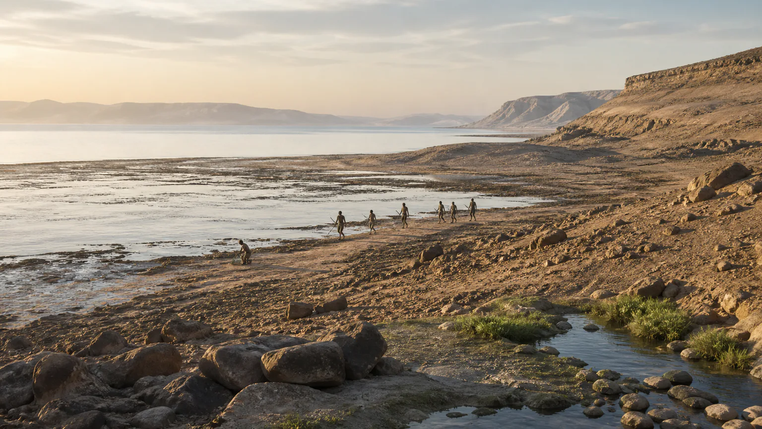 AI-generated evidence-guided visualization related to Homo sapiens dispersals beyond Africa, main surviving dispersals c. 70,000-50,000 years ago.