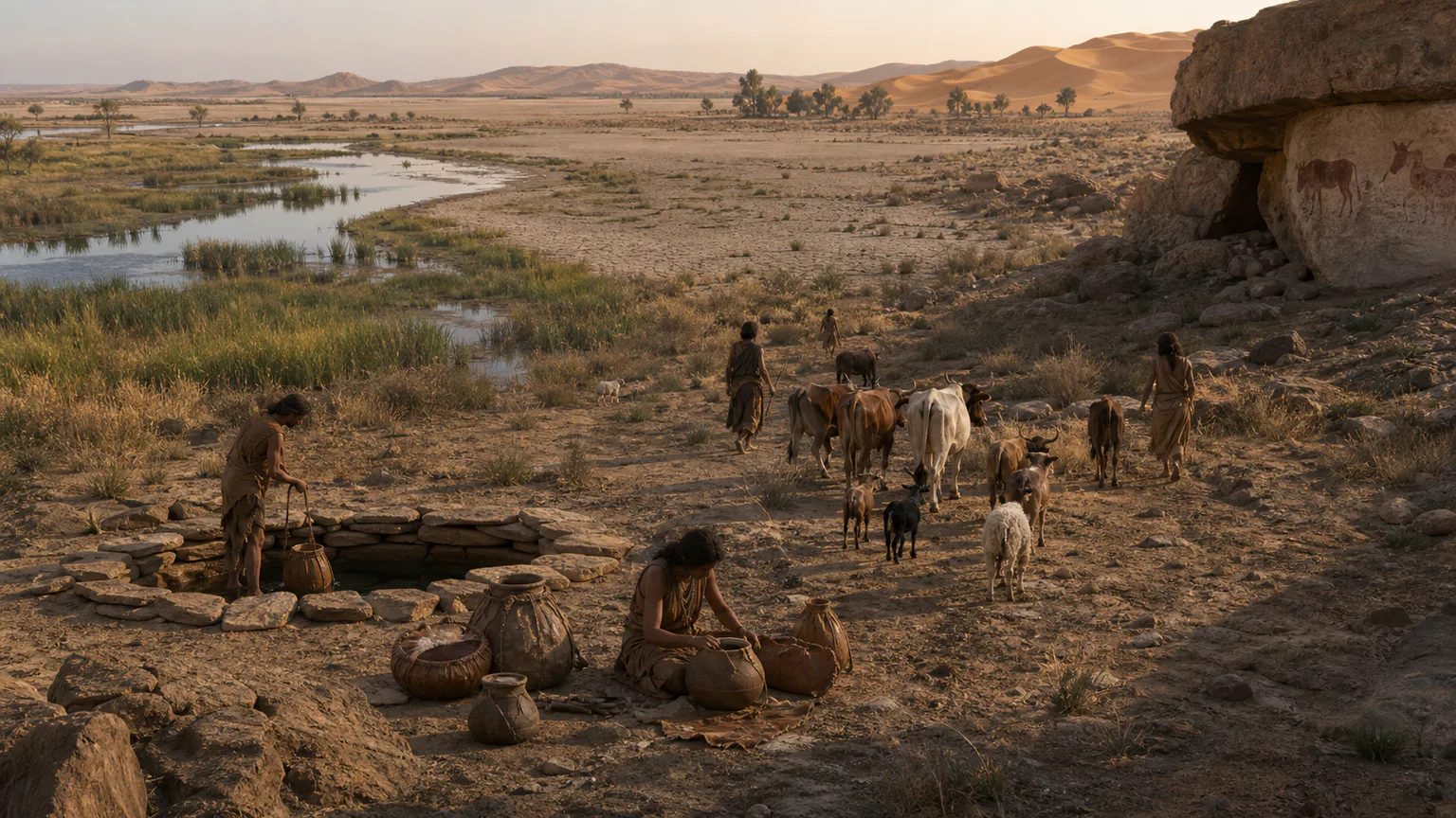 AI-generated evidence-guided visualization related to Sahara aridification and community movement, c. 3500-1000 BCE, uneven by region.
