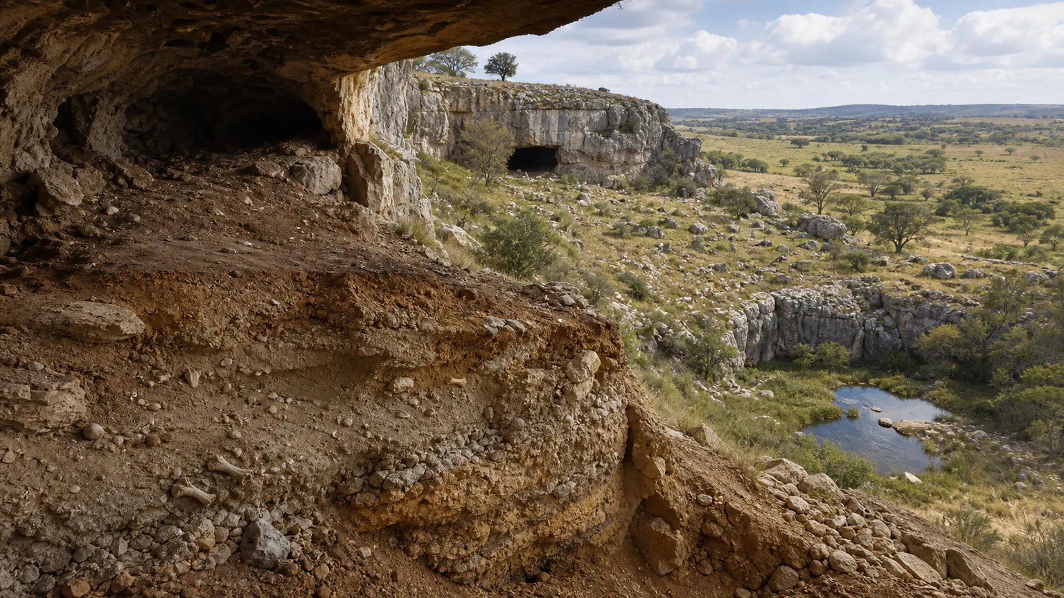 AI-generated evidence-guided visualization related to Southern African fossil cave landscapes, c. 3.5-1.5 million years ago.