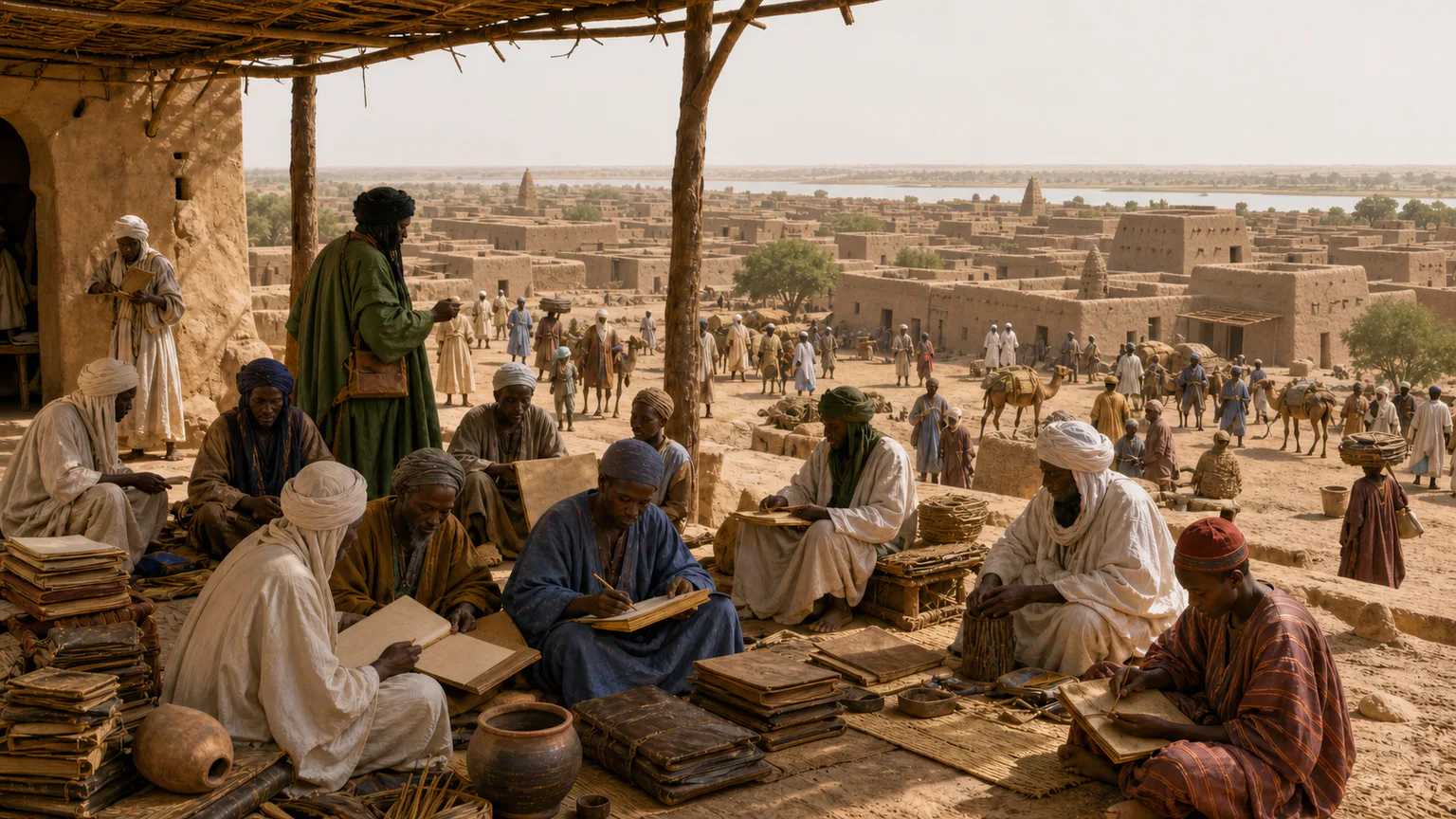 AI-generated evidence-guided visualization related to Timbuktu scholarship and manuscript culture, c. 1300-1600 CE.
