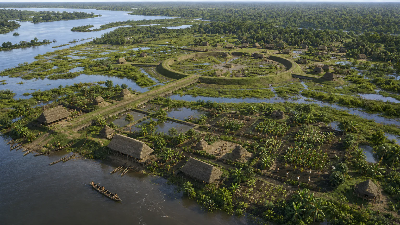 AI-generated evidence-guided visualization related to Amazonian earthworks and managed forests, c. 1000-1600 CE, with earlier and later regional sequences.