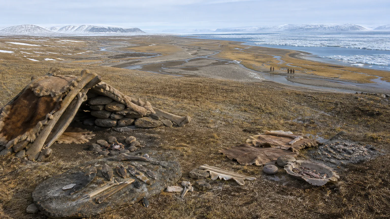 AI-generated evidence-guided visualization related to Beringia and multiple pathways into the Americas, c. 26,000-10,000 BCE.