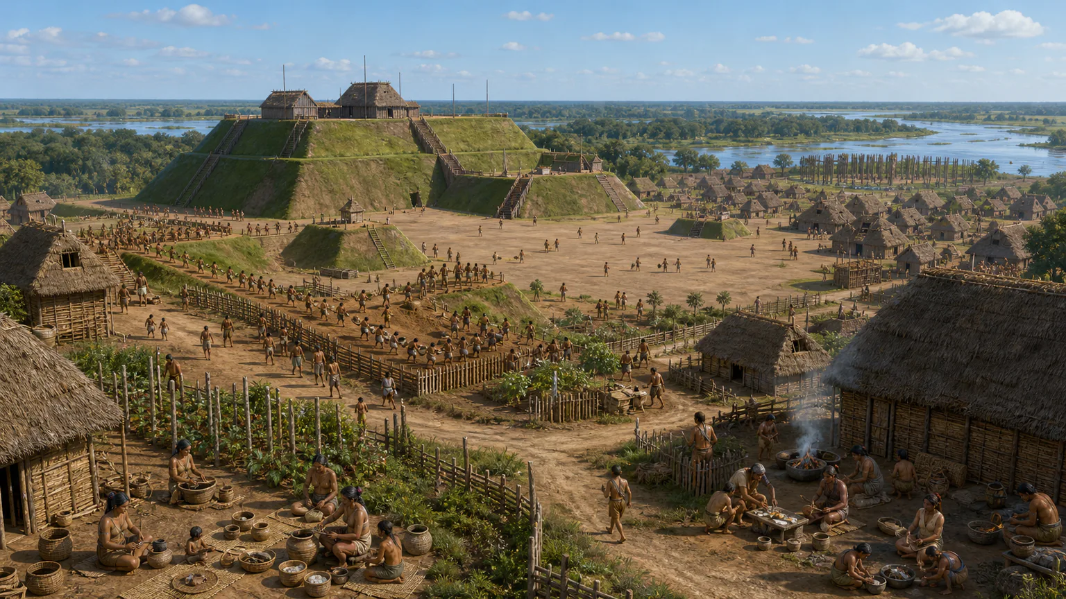 AI-generated evidence-guided visualization related to Cahokia and Mississippian societies, c. 800-1400 CE.