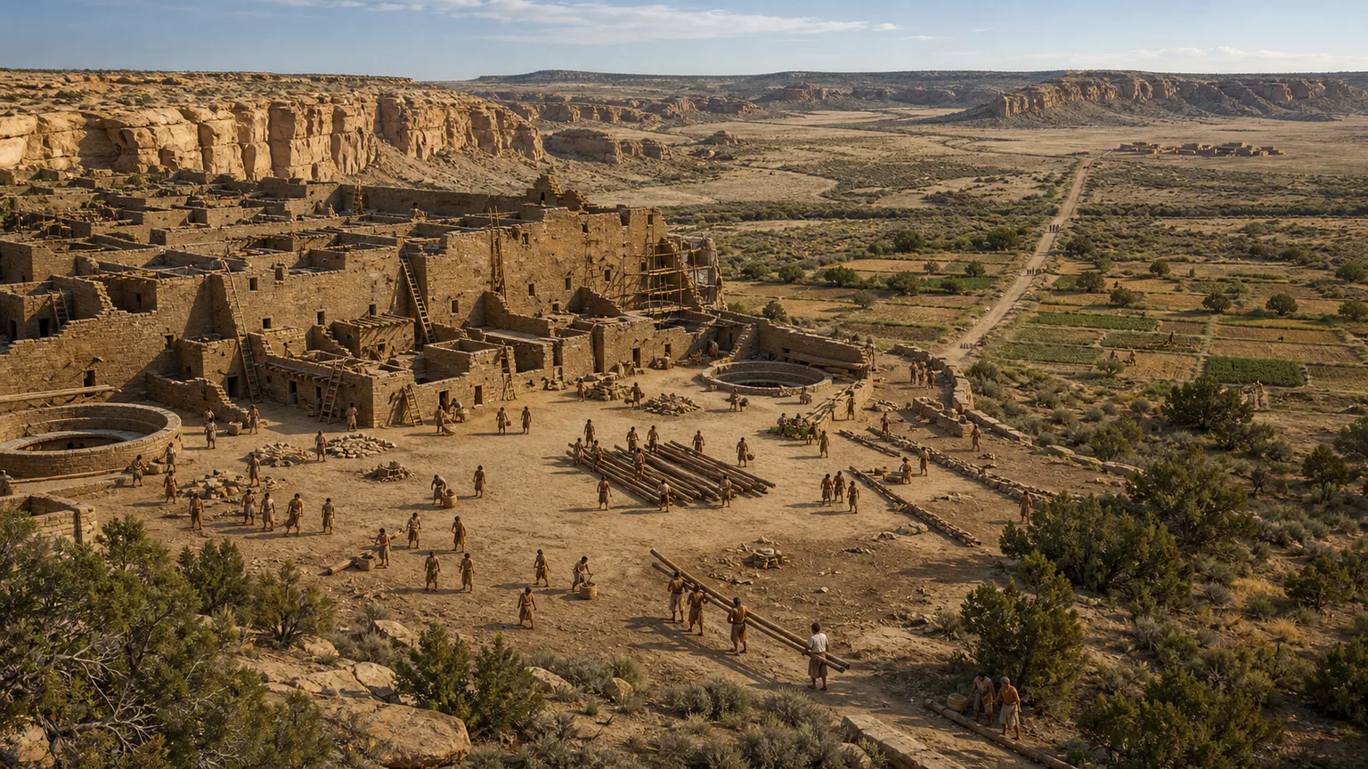 AI-generated evidence-guided visualization related to Chaco and ancestral Pueblo networks, c. 850-1250 CE.