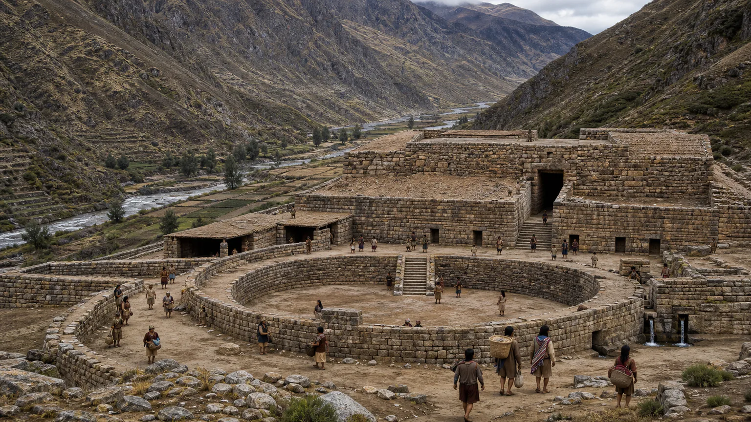 AI-generated evidence-guided visualization related to Chavin de Huantar and the Chavin horizon, c. 1500-300 BCE at Chavin de Huantar; wider horizon chronologies vary by region.