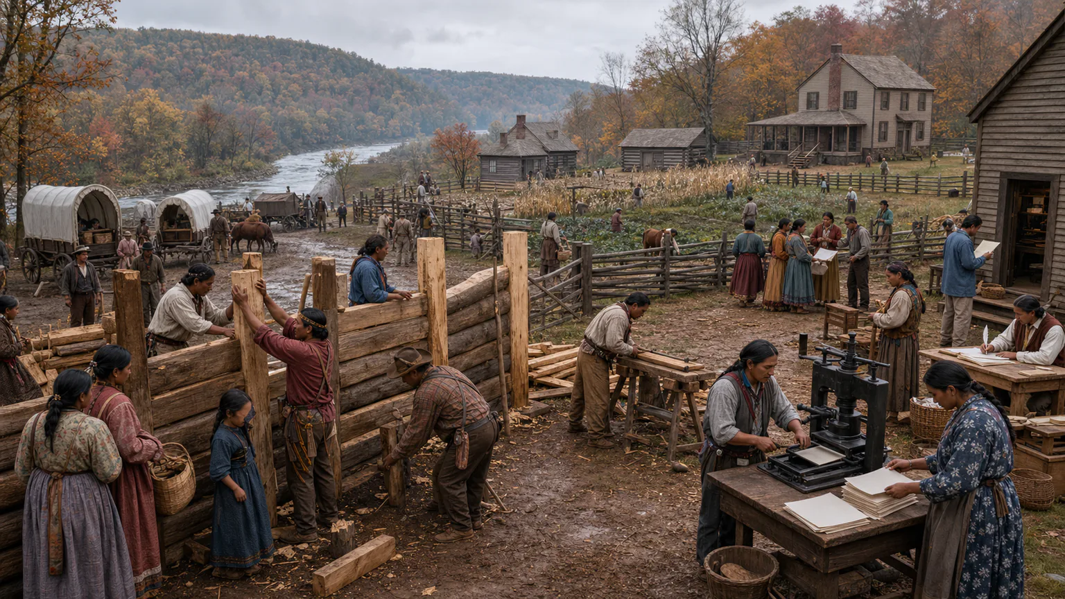 AI-generated evidence-guided visualization related to Cherokee removal and rebuilding, 1830-c. 1850 CE.