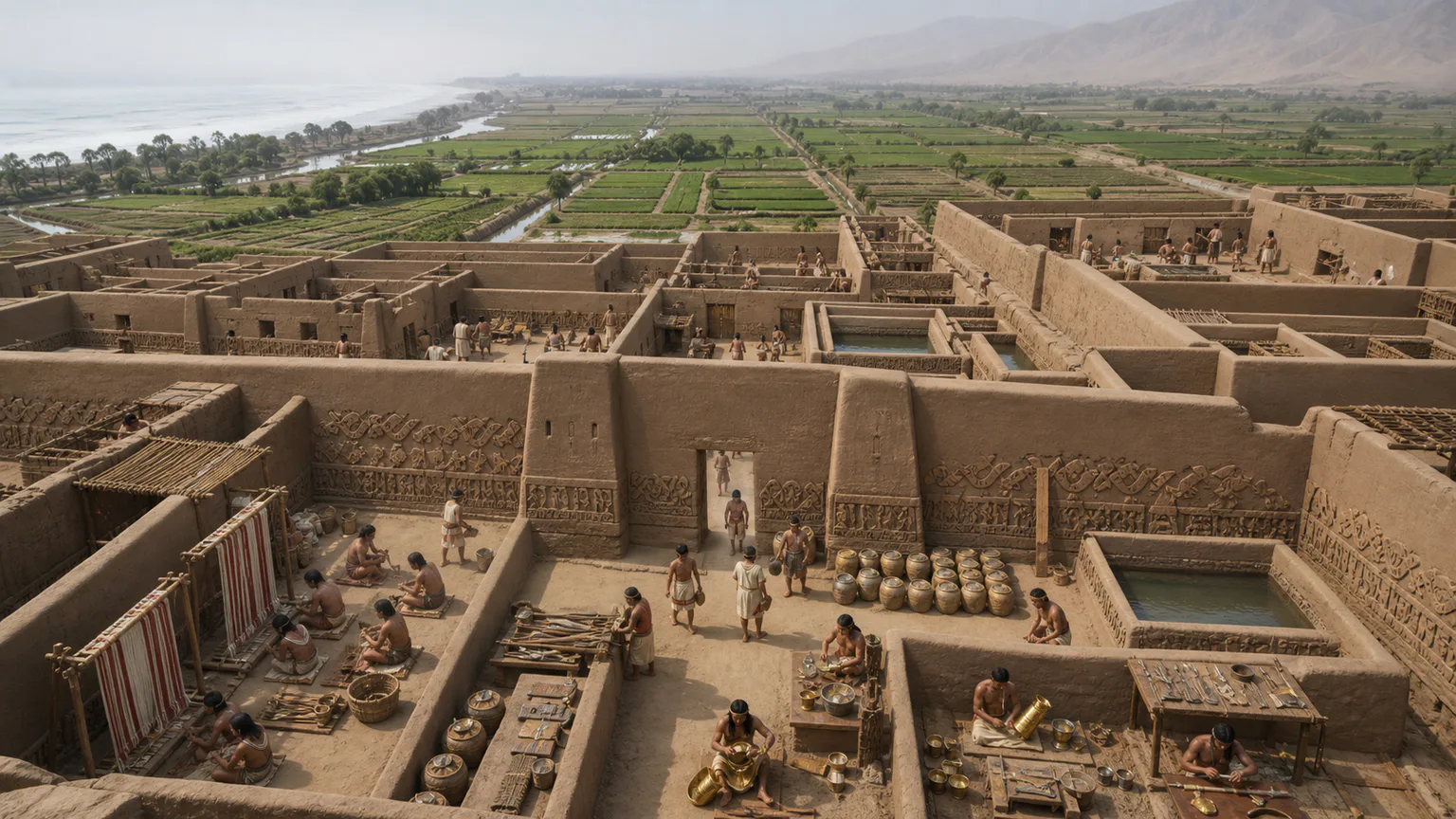 AI-generated evidence-guided visualization related to Chimu kingdom and Chan Chan, c. 900-1470 CE.