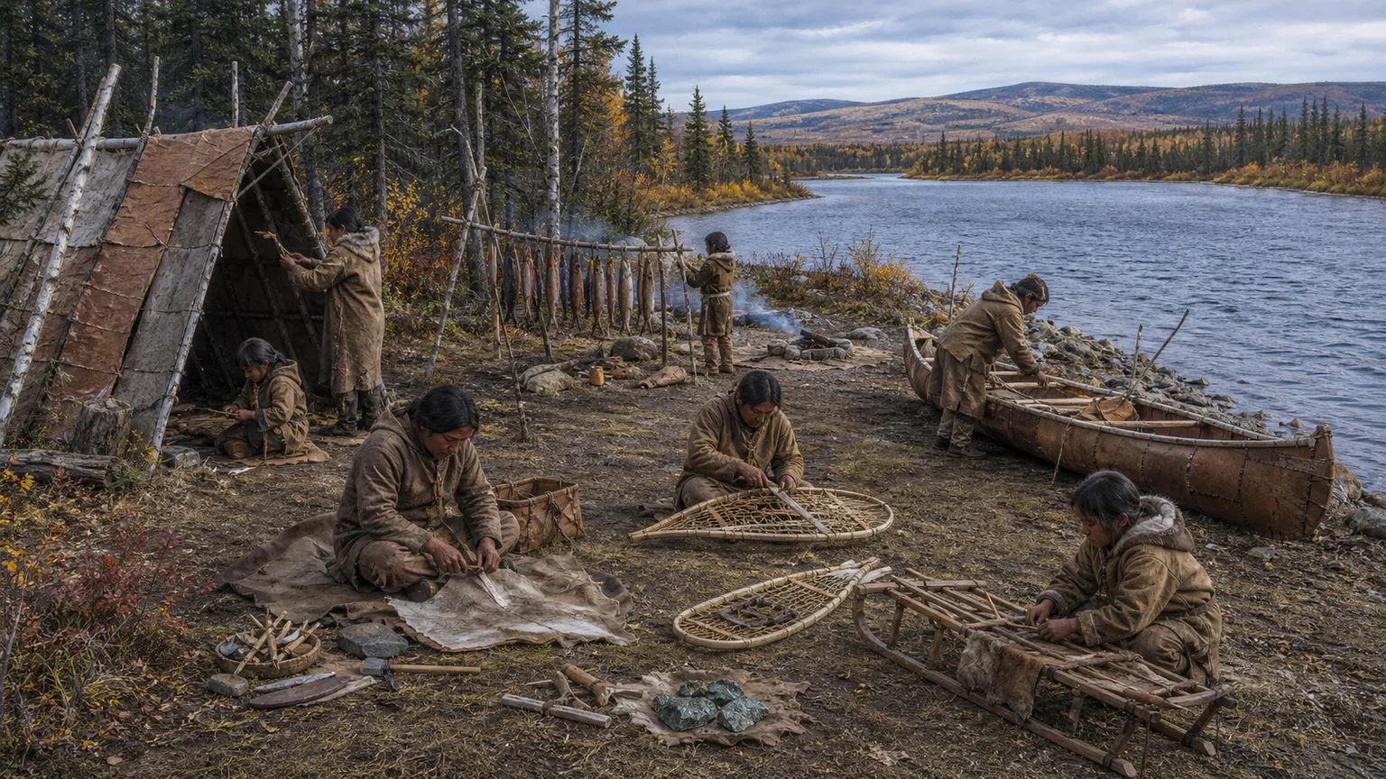 AI-generated evidence-guided visualization related to Dene and Athabaskan subarctic networks, c. 1000-1800 CE for this archaeological-linguistic comparison; Dene histories have deeper roots.