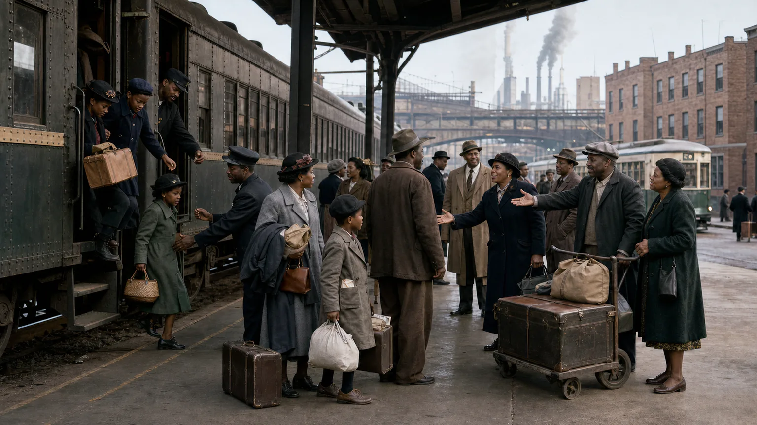 AI-generated evidence-guided visualization related to Great Migration of African Americans, c. 1916-1970 CE.