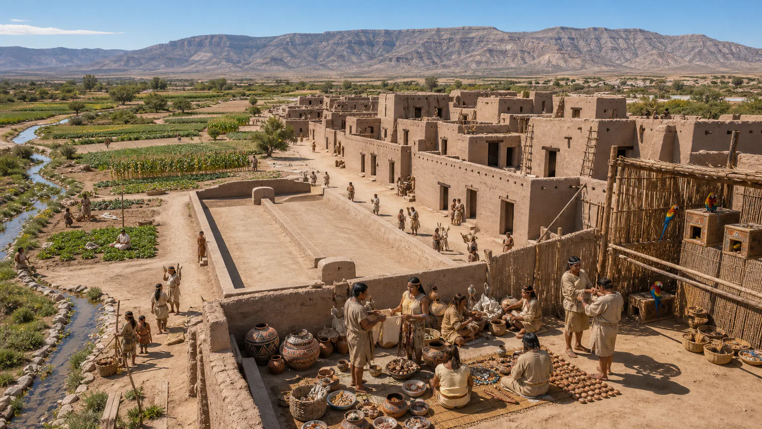 AI-generated evidence-guided visualization related to Hohokam and Casas Grandes exchange worlds, c. 500-1450 CE.