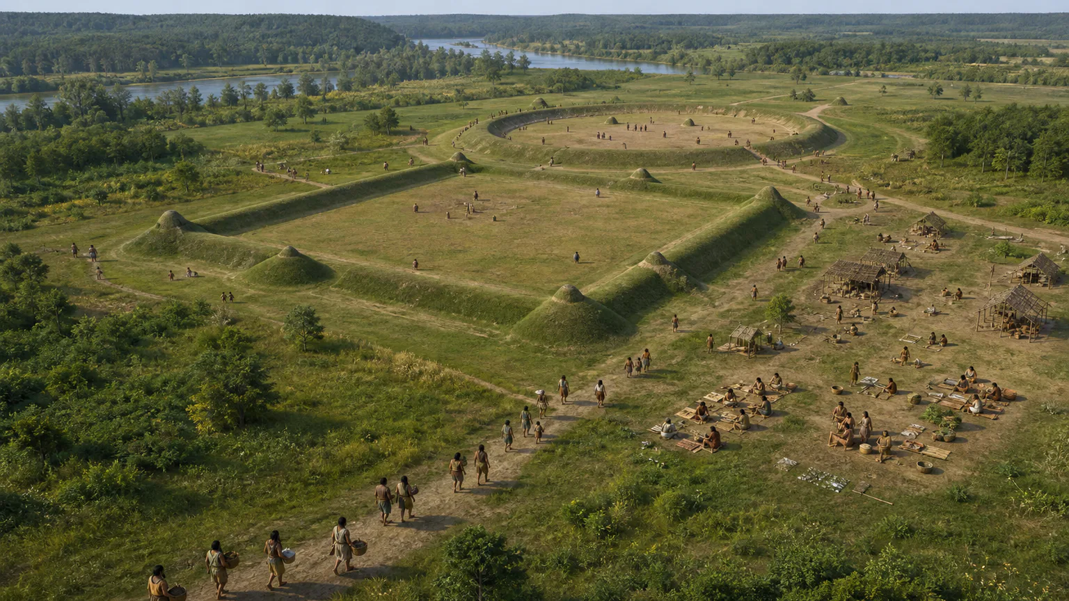 AI-generated evidence-guided visualization related to Hopewell ceremonial and exchange networks, c. 1-400 CE for the monumental complexes; related Hopewell traditions vary by region.