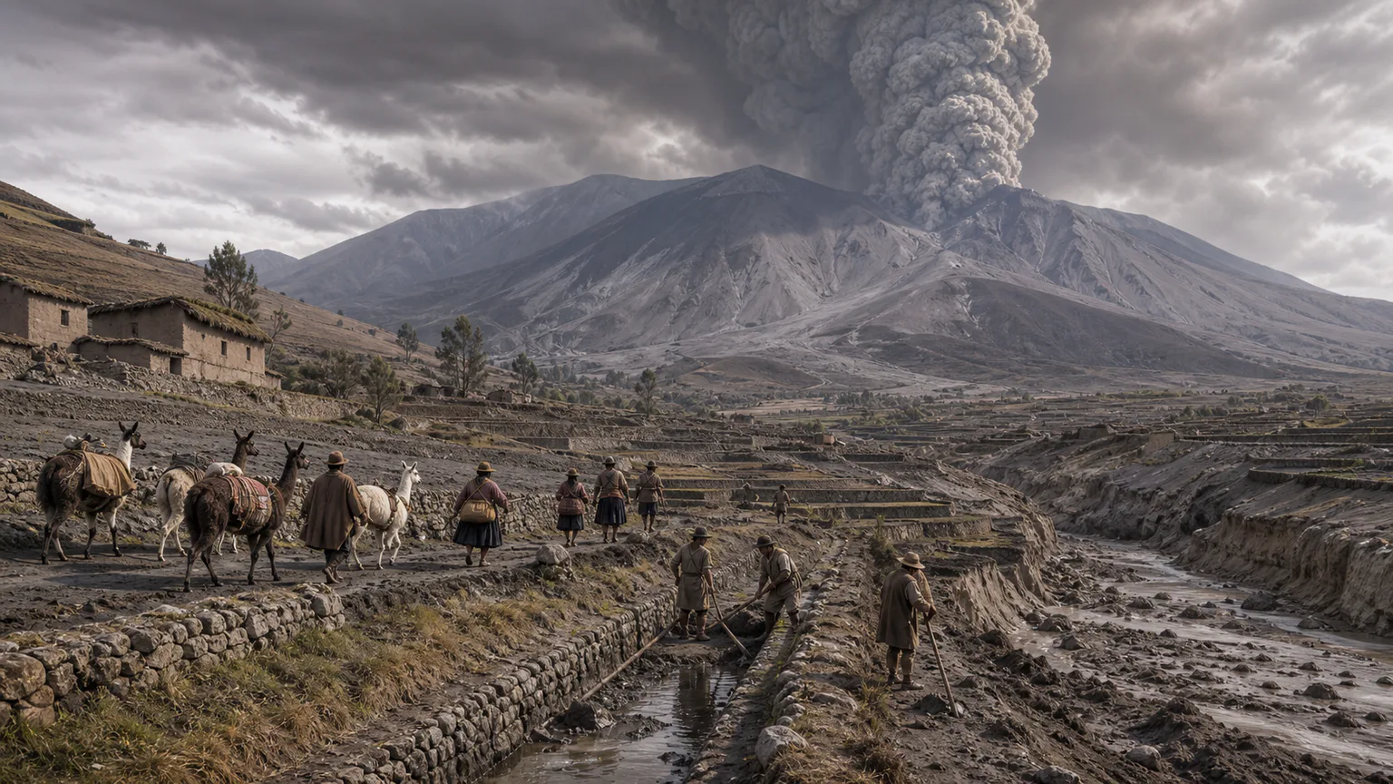 AI-generated evidence-guided visualization related to Huaynaputina eruption, February-March 1600 CE; immediate effects continued into 1601.