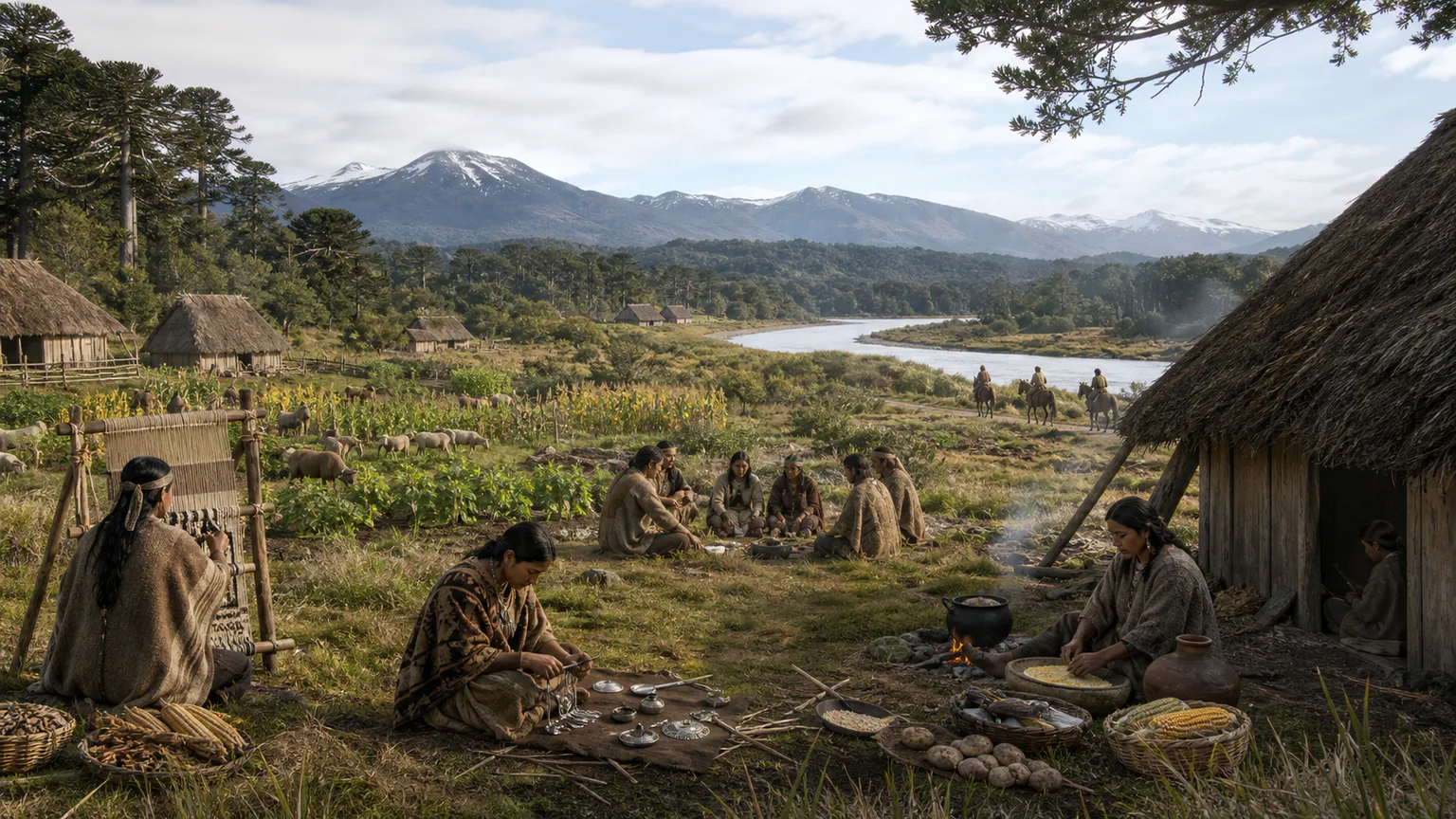 AI-generated evidence-guided visualization related to Mapuche territorial societies and resistance, c. 1000 CE-present.