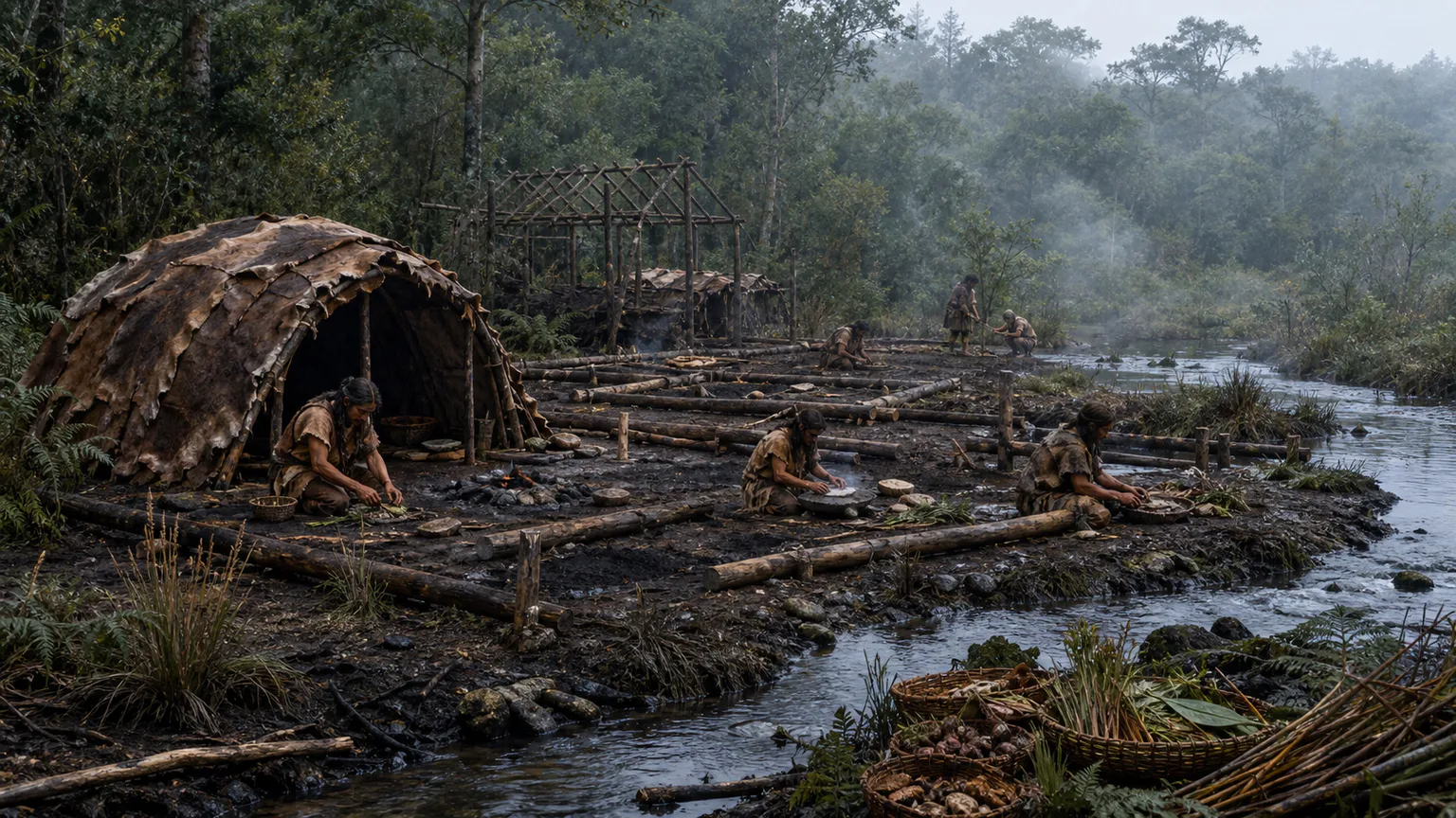 AI-generated evidence-guided visualization related to Monte Verde settlement evidence, c. 12,800-12,400 BCE.