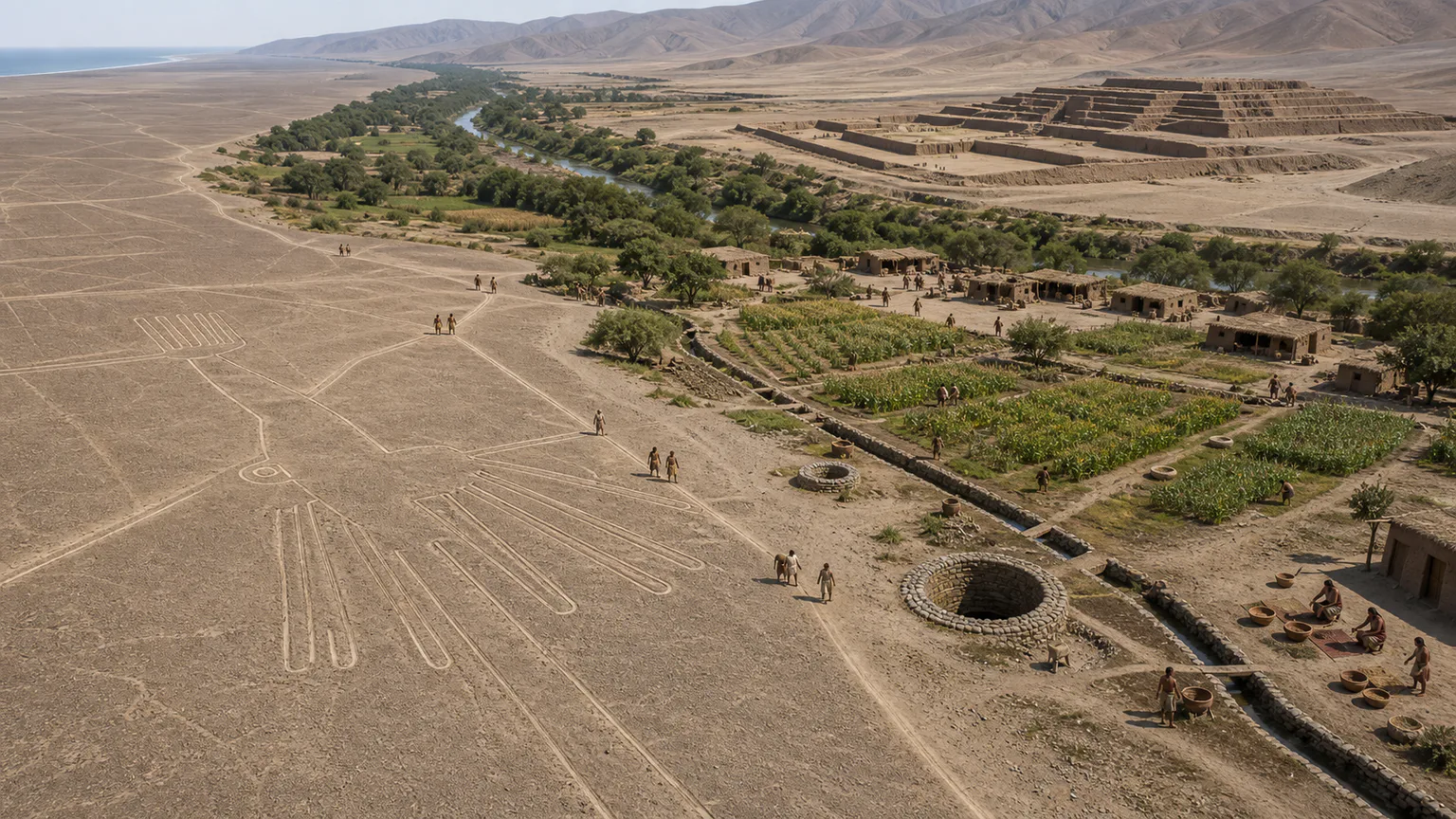AI-generated evidence-guided visualization related to Nazca desert and valley communities, c. 100-700 CE.