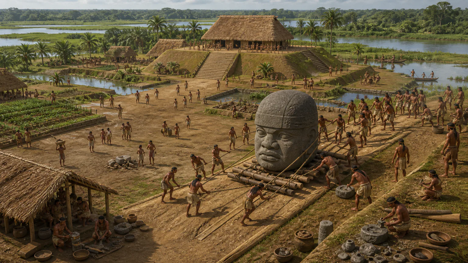 AI-generated evidence-guided visualization related to Olmec Gulf Coast centers, c. 1200-400 BCE.