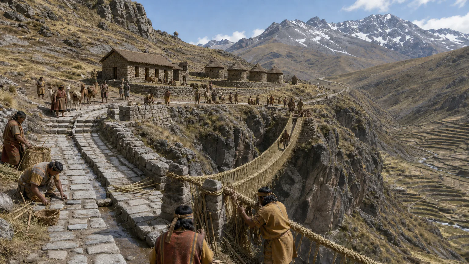 AI-generated evidence-guided visualization related to Qhapaq Nan road system, c. 1400 CE-present use and stewardship.