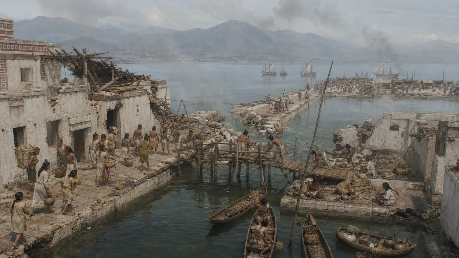 AI-generated evidence-guided visualization related to Spanish-led invasion and siege of Tenochtitlan, 1519-1521 CE.