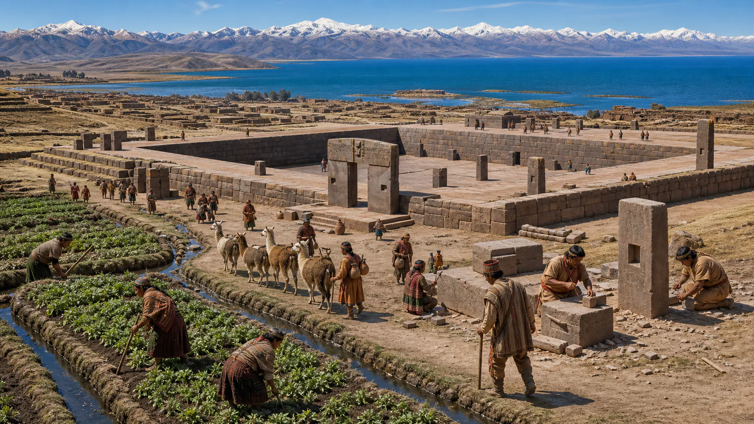 AI-generated evidence-guided visualization related to Tiwanaku highland network, c. 400-1000 CE; the monumental city flourished especially c. 400-900 CE.