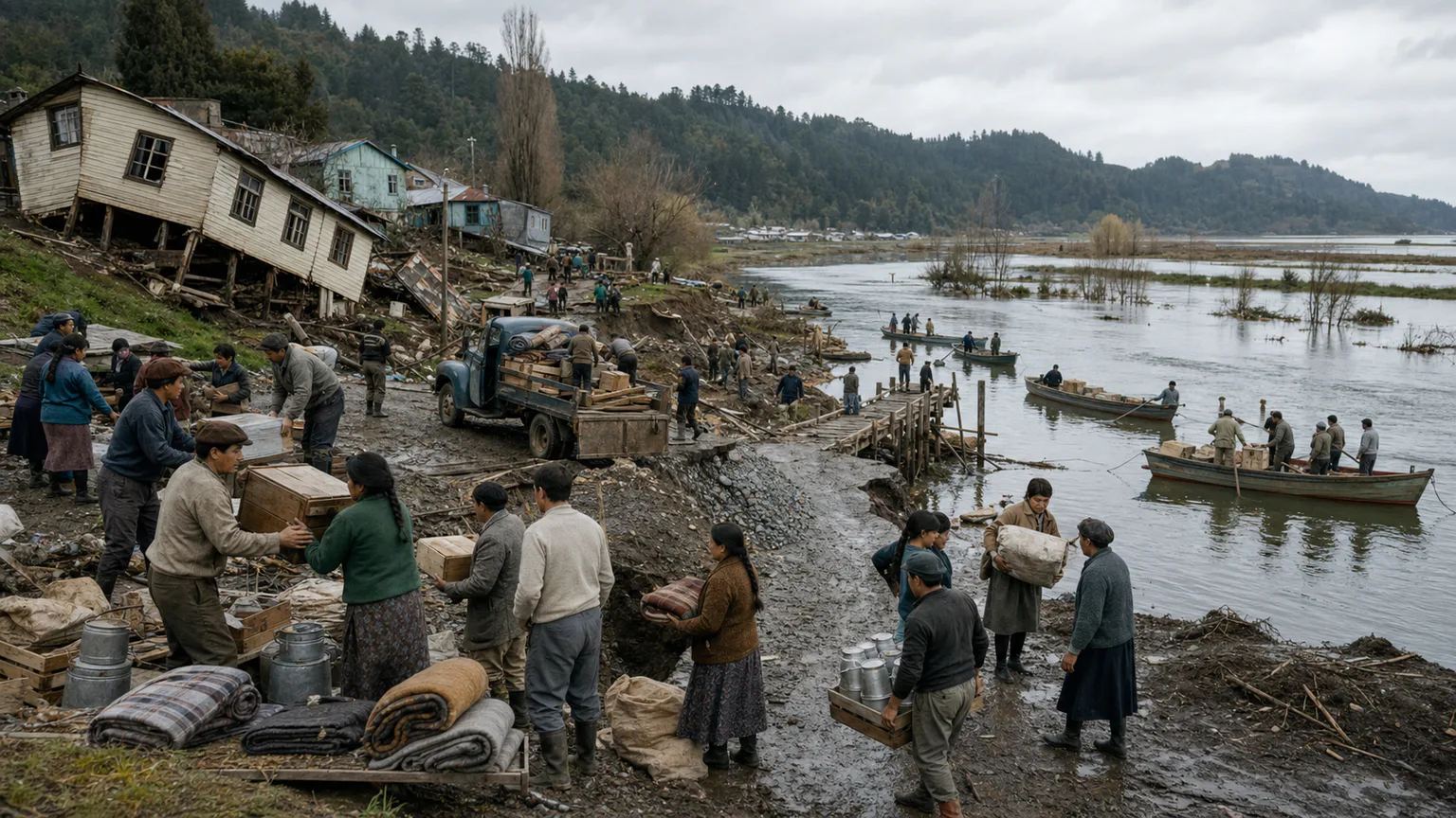 AI-generated evidence-guided visualization related to 1960 Valdivia earthquake and Pacific tsunami, 22 May 1960 CE.