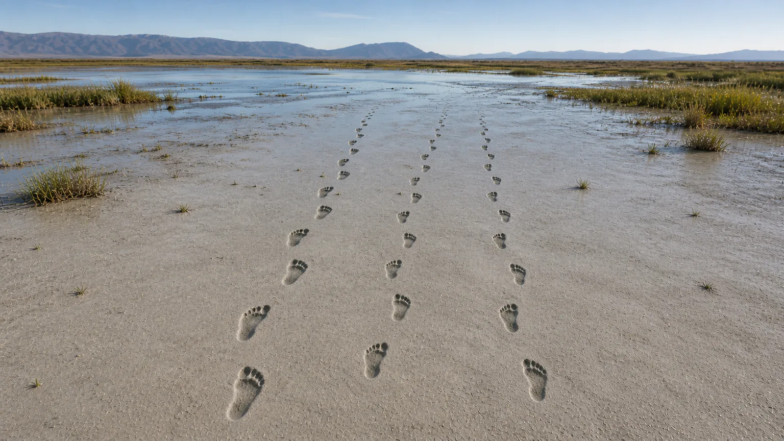 AI-generated evidence-guided visualization related to White Sands human footprints, c. 21,000-19,000 BCE.