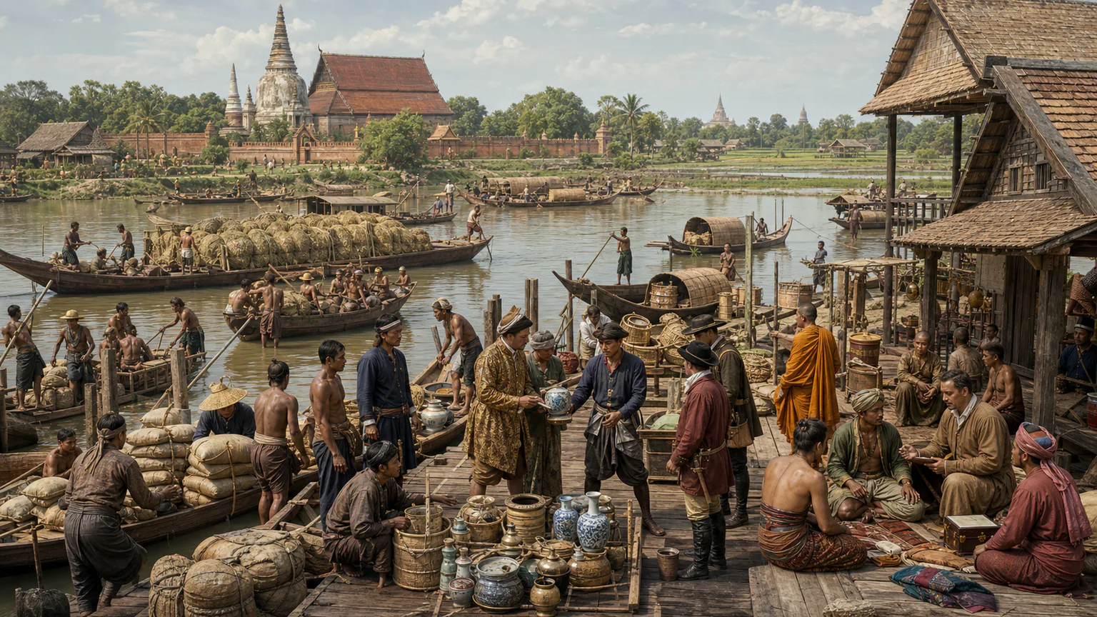 AI-generated evidence-guided visualization related to Ayutthaya, diplomacy and riverine commerce, 1351-1767 CE.