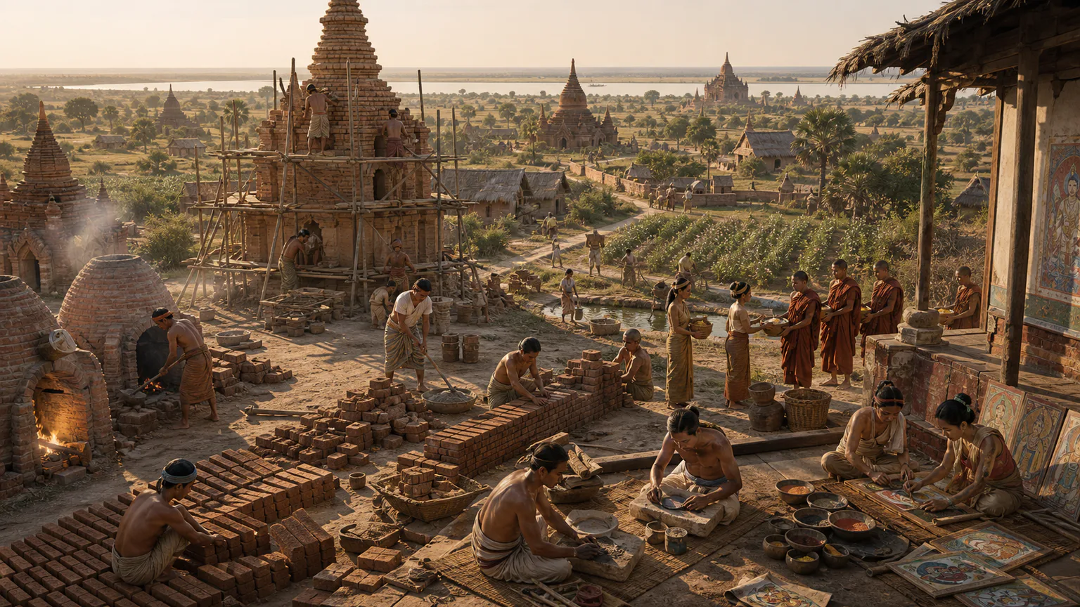 AI-generated evidence-guided visualization related to Bagan kingdom and Buddhist merit landscape, Mainly 11th-13th centuries CE.