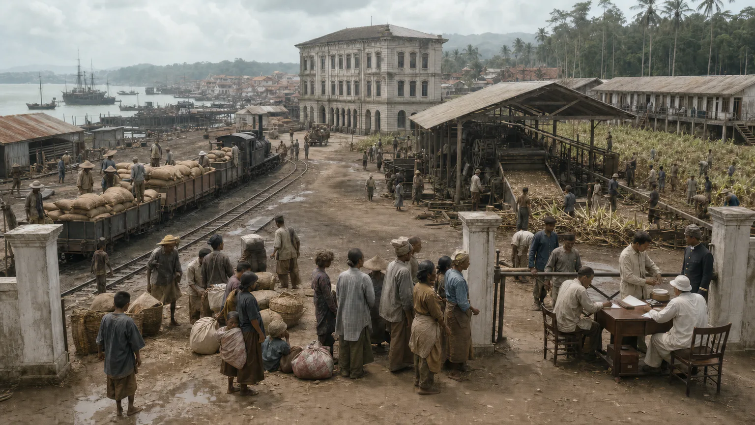 AI-generated evidence-guided visualization related to European colonial ports, plantations and labor migrations, 1511-1942 CE.