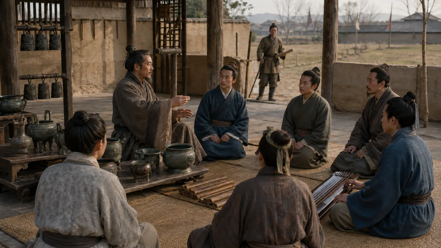 AI-generated evidence-guided visualization related to Confucius and the formation of Ru traditions, traditionally 551-479 BCE.