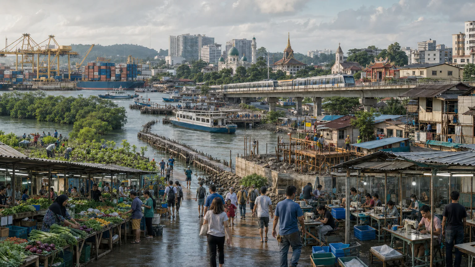 AI-generated evidence-guided visualization related to Contemporary Southeast Asian cities, work and living heritage, 1967-present.